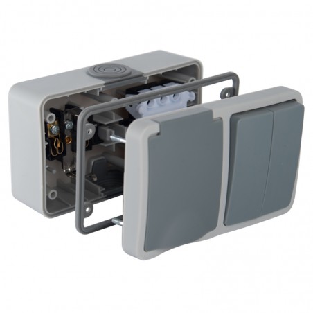 DOUBLE STAIR SWITCH + SOCKET WITH FLAP SURFACE-MOUNTED INDUSTRIAL IP54 JLM