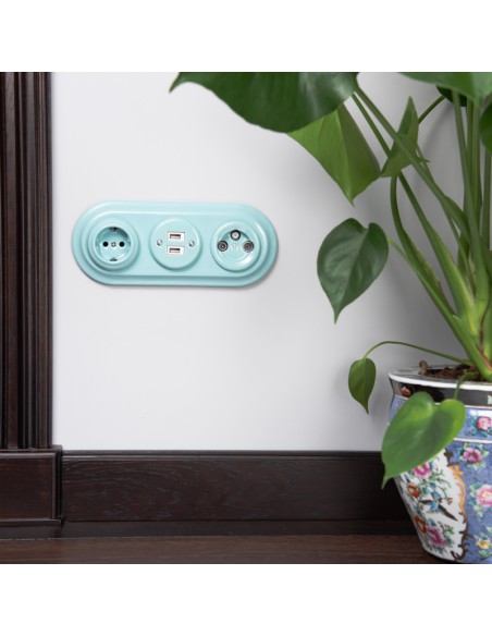 KERAMICKÁ ZÁSUVKA 2xUSB RETRO MÁTOVÁ PODOMÍTKA PASTEL