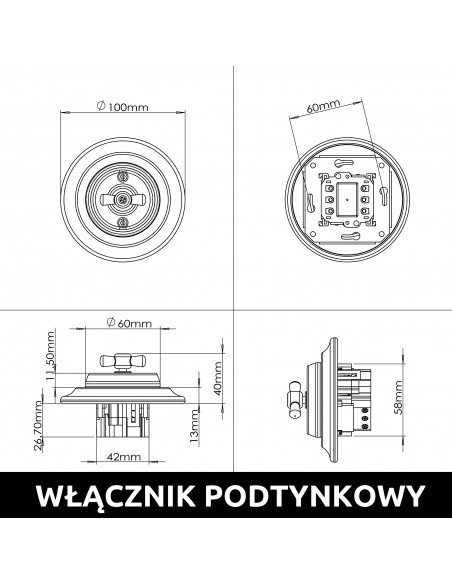 CERAMICZNY WŁĄCZNIK PODTYNKOWY KRZYŻOWY CZARNY OBROTOWY BEZ RAMKI