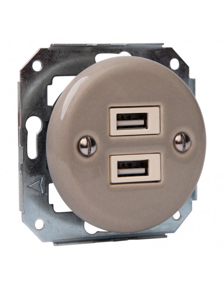 Toma empotrada de cerámica con 2× USB, oliva pastel