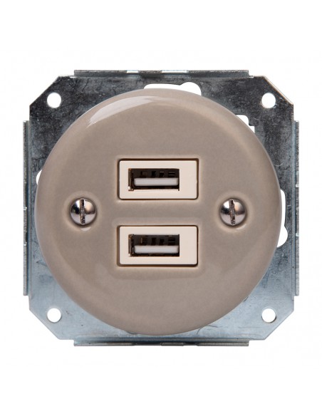 Toma empotrada de cerámica con 2× USB, oliva pastel