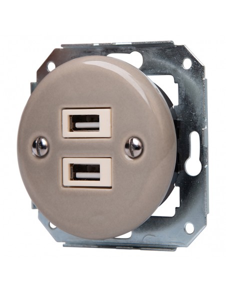 Toma empotrada de cerámica con 2× USB, oliva pastel